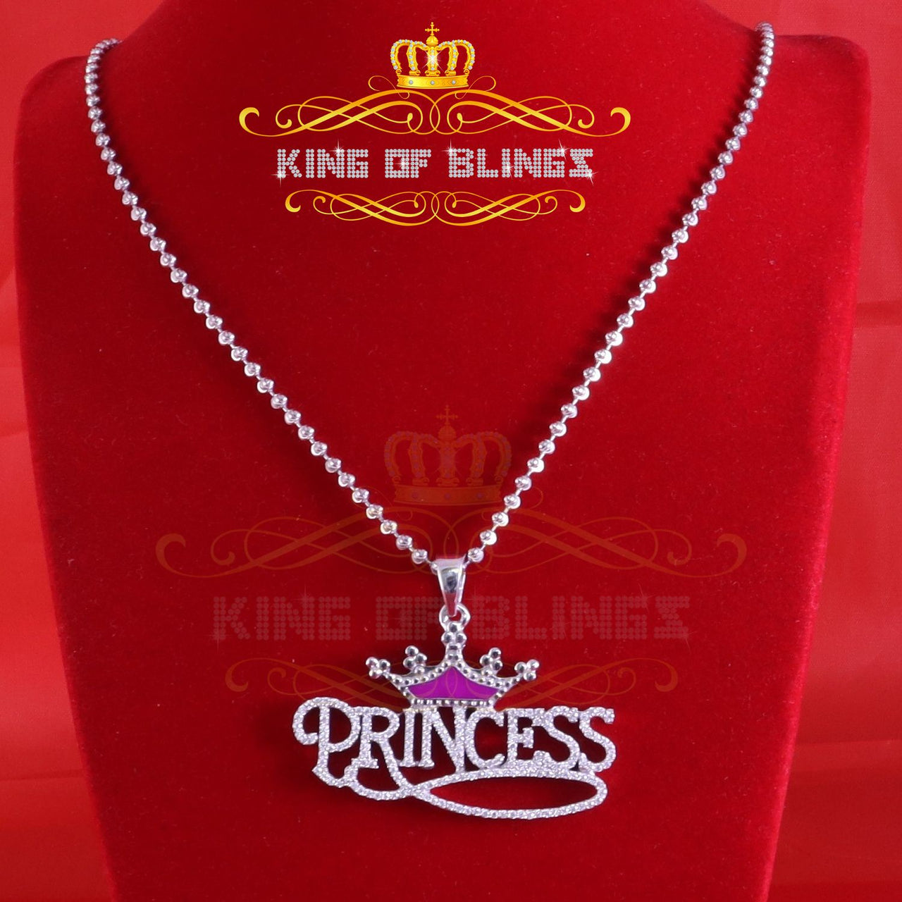 King Of Bling's 3ct Real Moissanite 925 Silver "PRINCESS" with Pink Enamel crown White Pendant KING OF BLINGS
