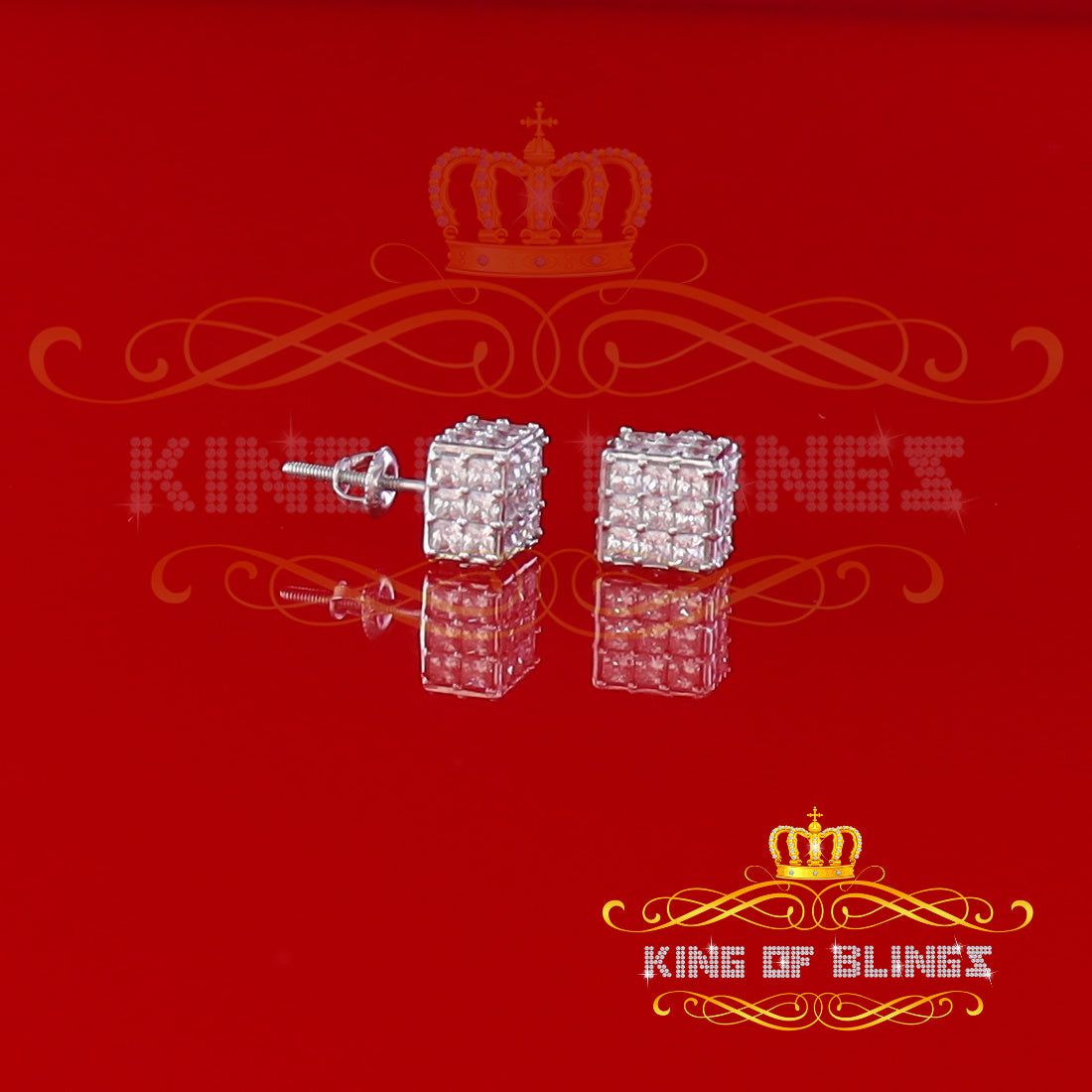 King of Blings- Hip Hop 925 White Silver 5.94ct Cubic Zirconia Women's & Men's Square Earrings KING OF BLINGS