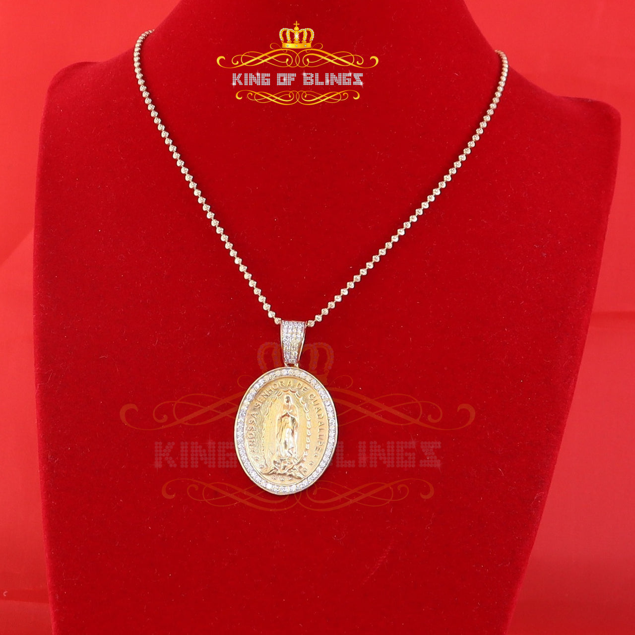 3D Oval Guadalupe Catholic Virgin Mary in CZ Yellow 925 Silver 1.63ct Pendant KING OF BLINGS
