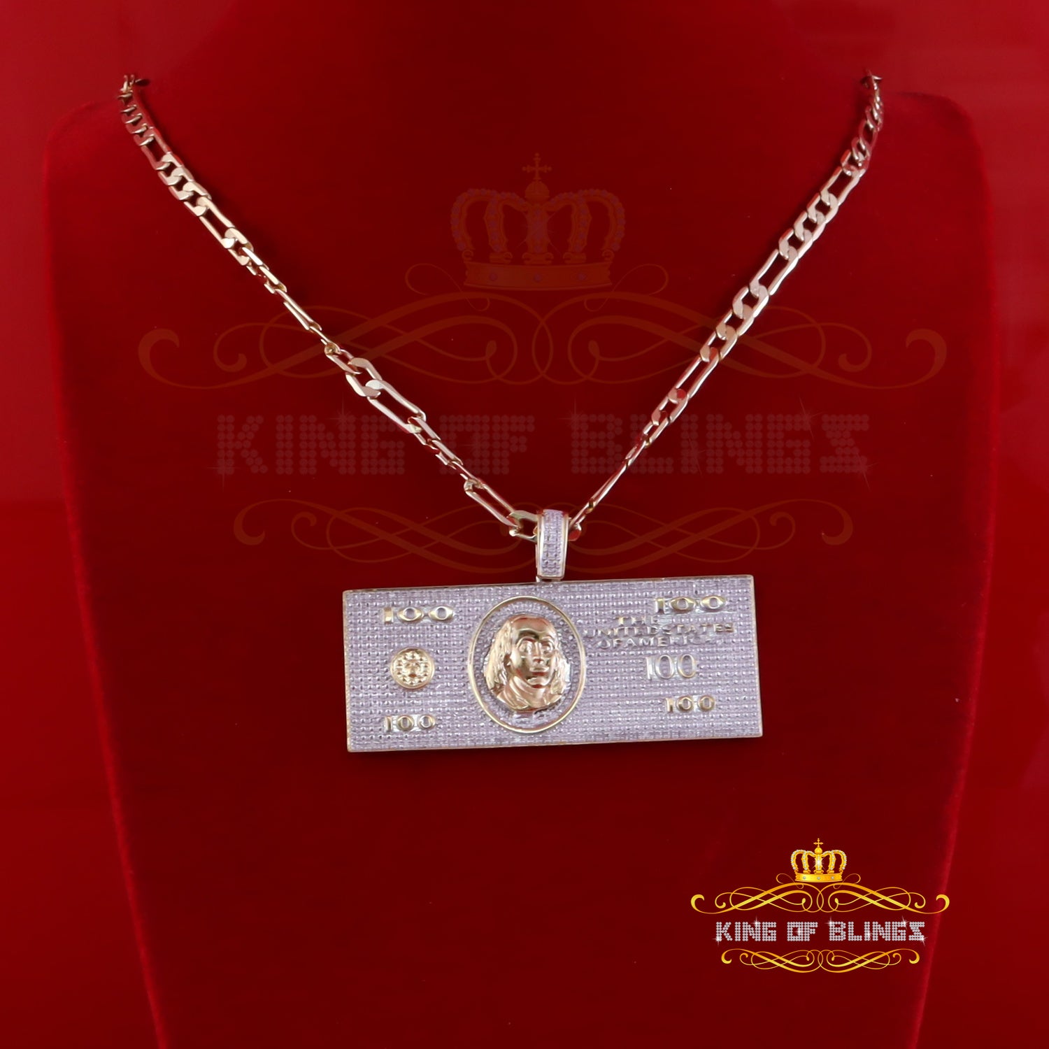 King Of Bling's Dollar Currency 0.33ct Diamond Sterling Yellow Silver Charm Necklace Pendant KING OF BLINGS