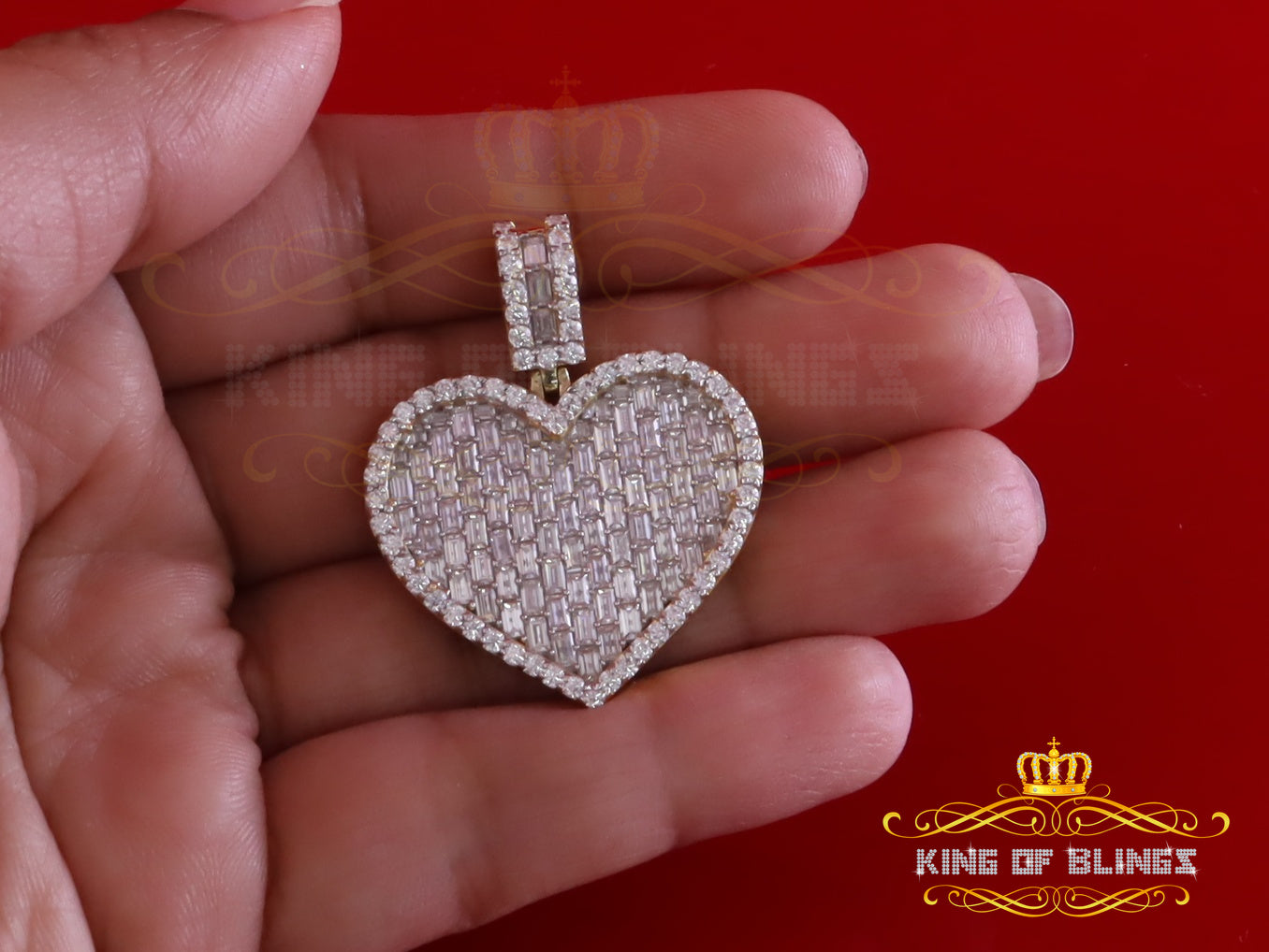 King Of Bling's 925 Yellow Silver6.50ct VVS D Clr. Moissanite Baguette Heart Pendant for Women's KING OF BLINGS