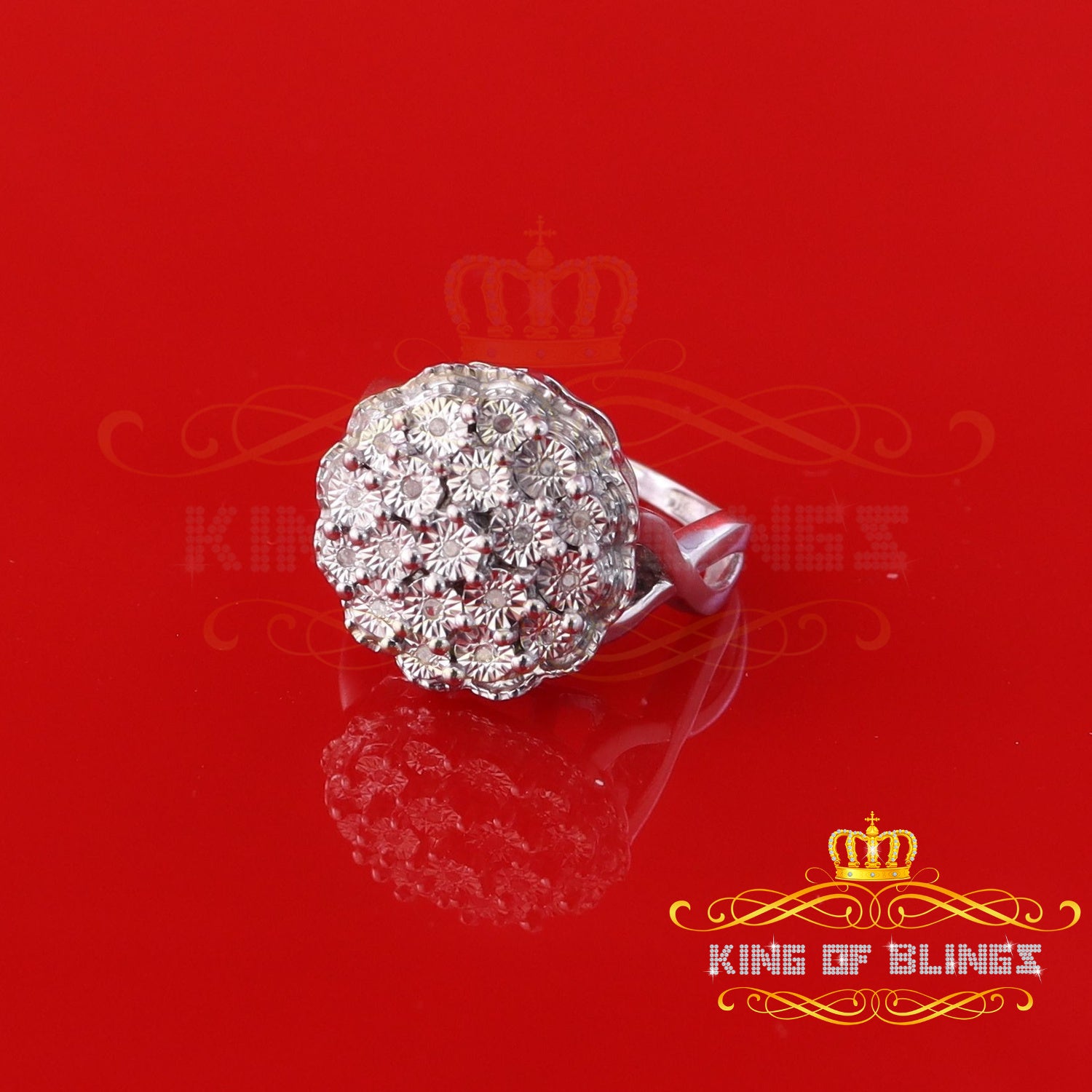 King Of Bling's 0.10CT Real Diamond 925 Sterling White Silver Womens Floral Ring Size 7 KING OF BLINGS