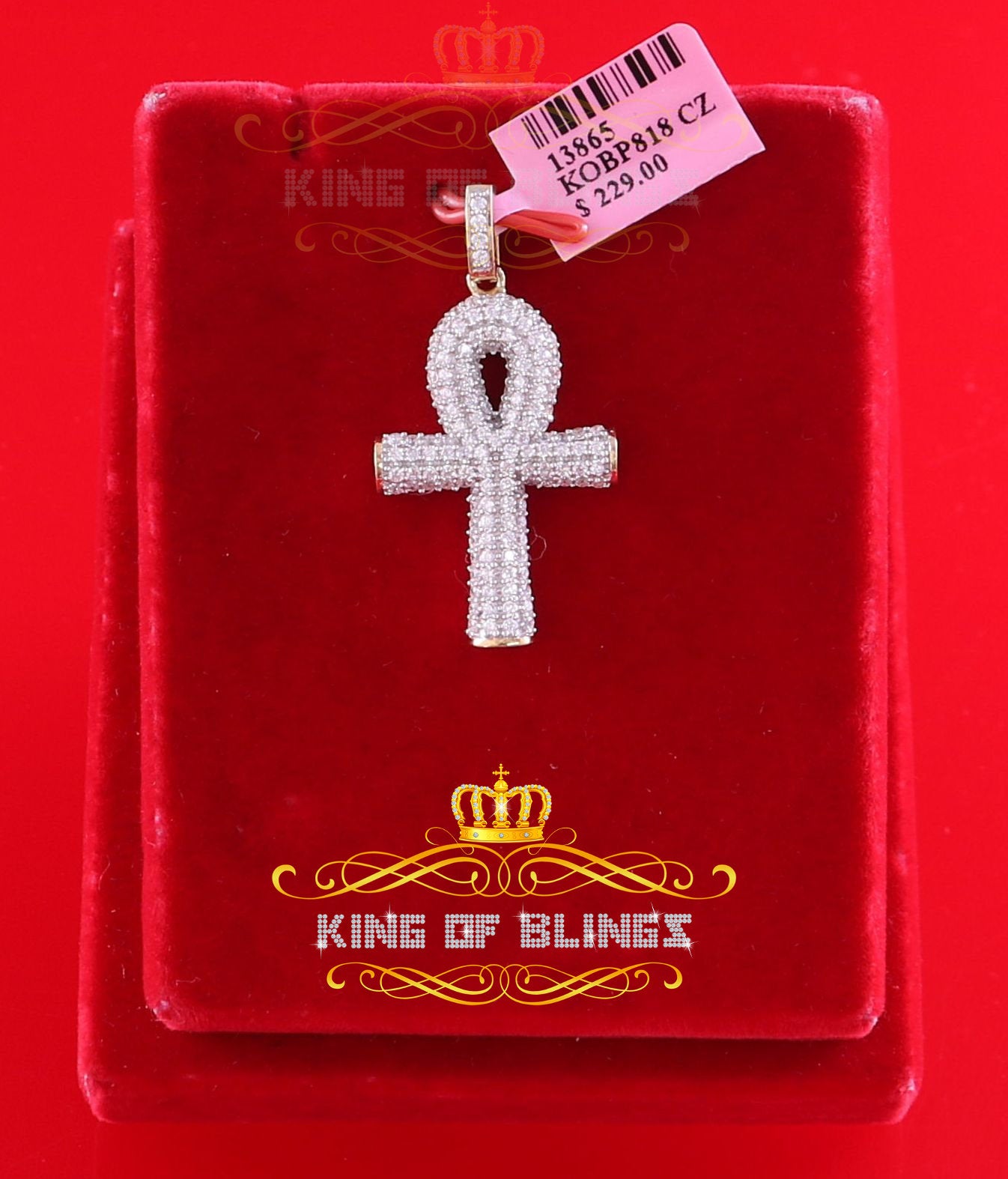 Promising Yellow Sterling Silver ANKH Shape Pendant with 1.85ct Cubic Zirconia KING OF BLINGS