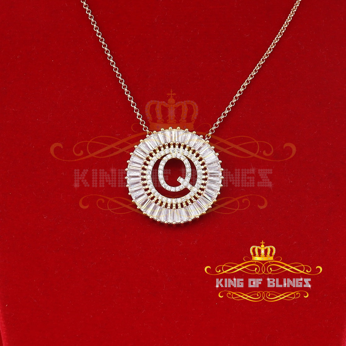 Woman's Necklace Circle Hollow Out Cubic Zirconia in Yellow Metal Letter Pendant KING OF BLINGS