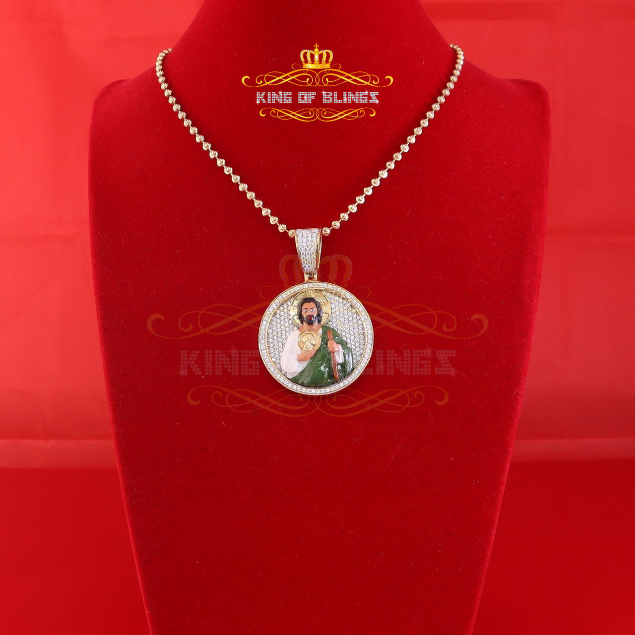 King Of Bling's Moissanite Vvs ' IF'D' 2.00CT Enamel 'SAINT JUDE' Yellow Circle Men's Pendant KING OF BLINGS