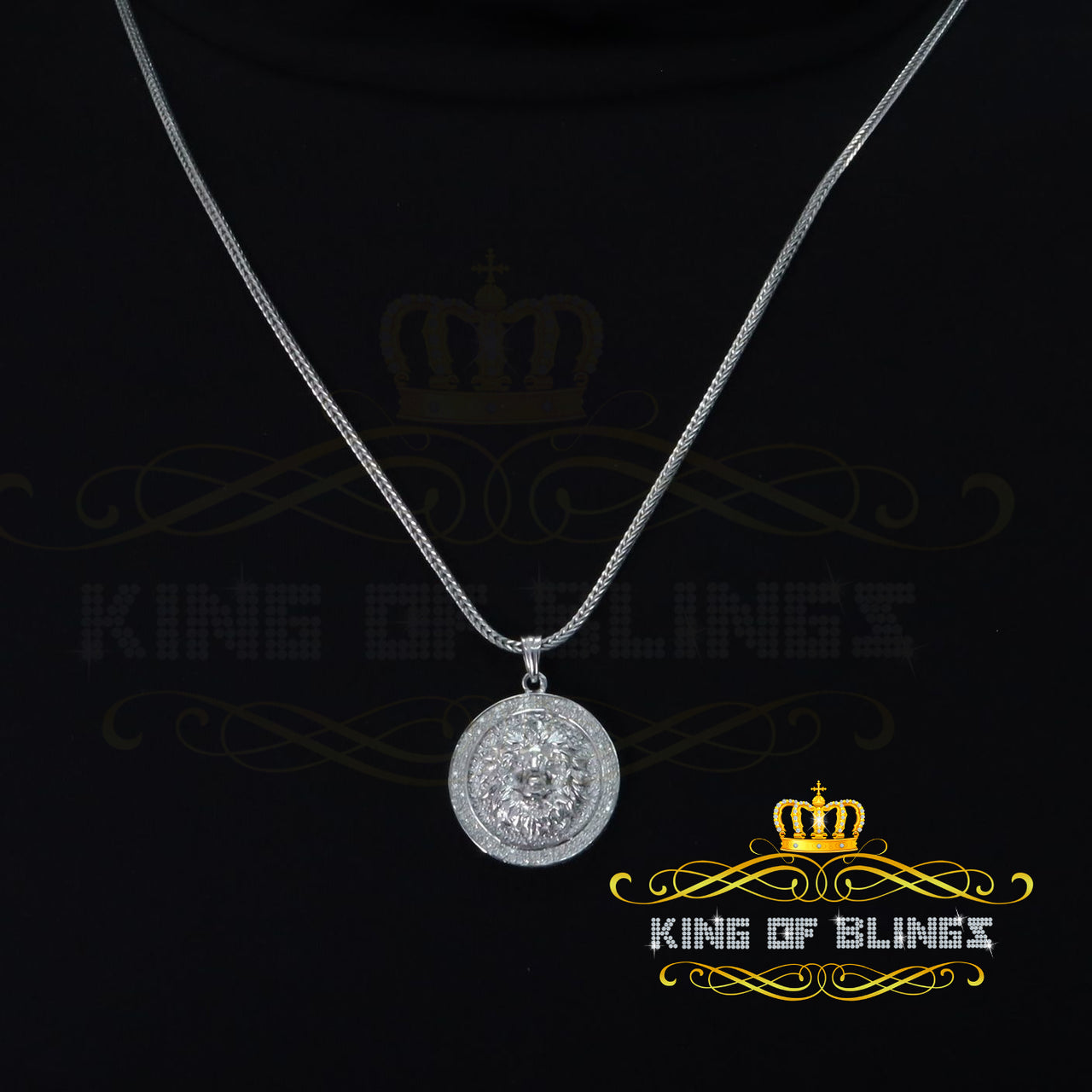 King Of Bling's Real 0.33ct Diamond Sterling Silver LION FACE White Charm Necklace Pendant
