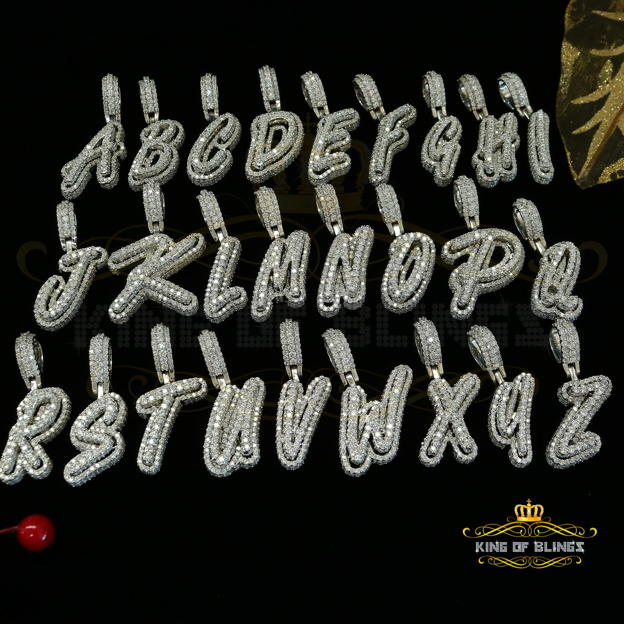 King Of Bling's White Cursive 3D Alphabet Shape 925 Sterling Silver Cubic Zirconia Pendant