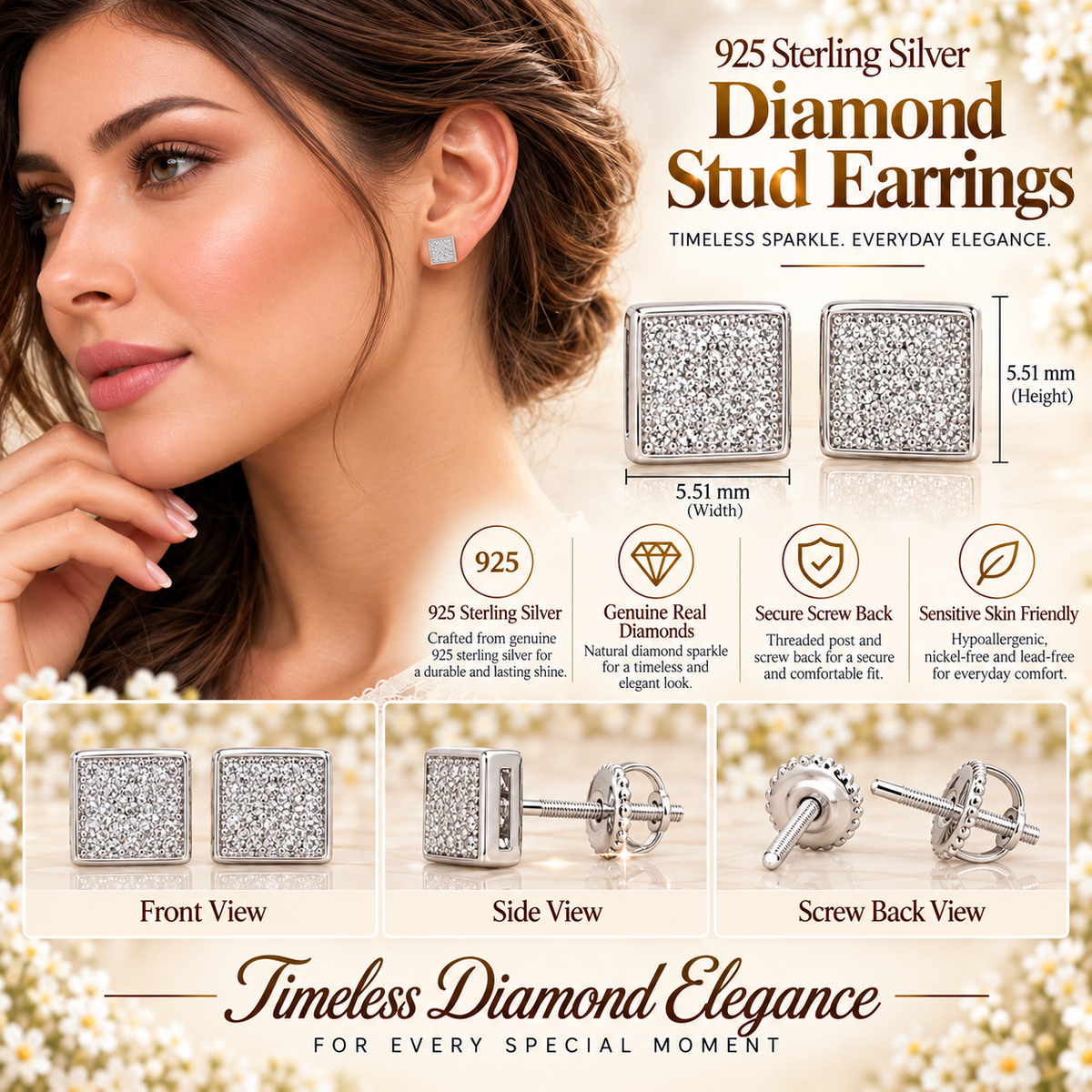 King Of Bling's 0.10ct Micro Pave 925 White Silver Diamond Square Earring For Men's & Women's KING OF BLINGS