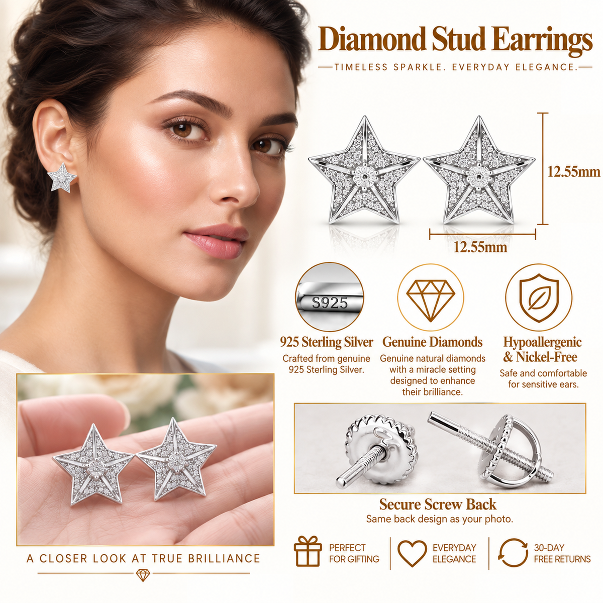 King Of Bling's 925 Sterling Silver White 0.25ct Diamond For Women's / Men's Stud Star Earrings KING OF BLINGS