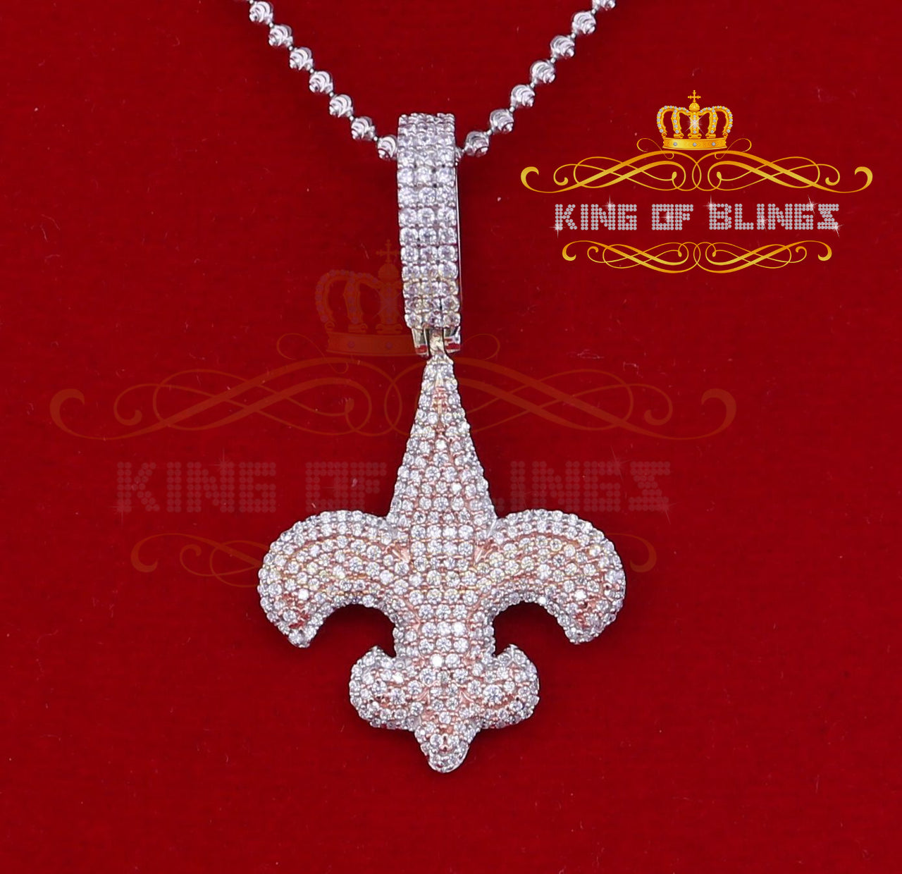 925 Sterling Rosy Silver Fleur de Lis White Pendant with 7.04ct Cubic Zirconia KING OF BLINGS