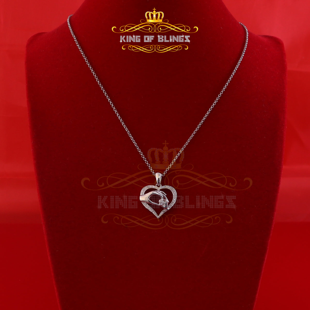 King Of Bling's Real 0.10CT Diamond Heart in MOM'S CARE Sterling Silver White Necklace Pendant KING OF BLINGS