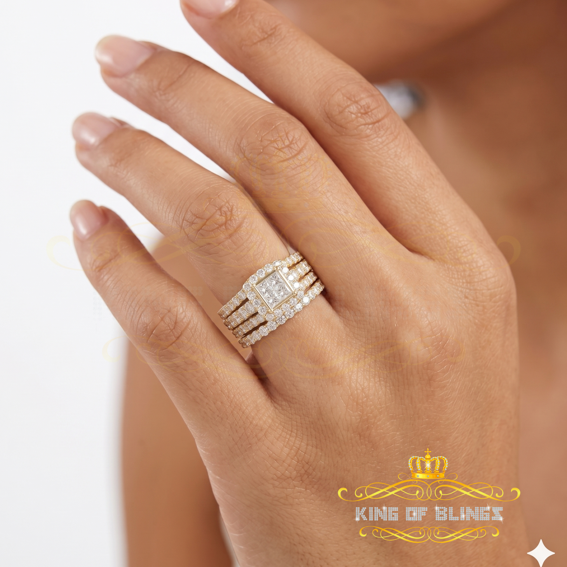 King Of Bling's 925 Sterling Yellow Square 2.08ct Cubic Zirconia Silver Bridal Ring size 6 KING OF BLINGS