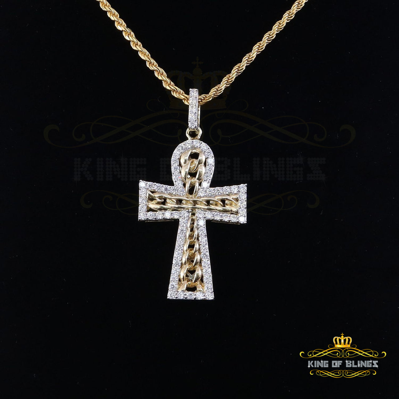King of Bling's Yellow Sterling Silver Cross Pendant with 4.32ct Cubic Zirconia