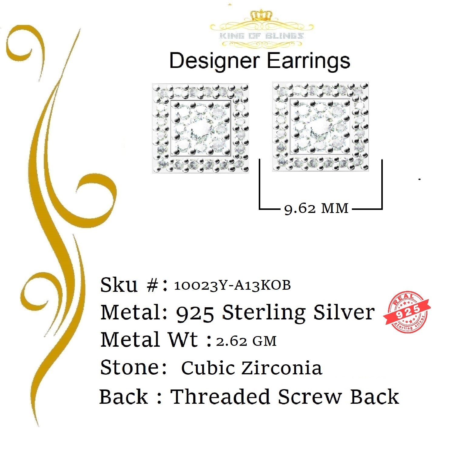 King of Bling's Hip Hop Yellow Silver Screw Back 1.04ct Cubic Zirconia Women's Square Earrings KING OF BLINGS