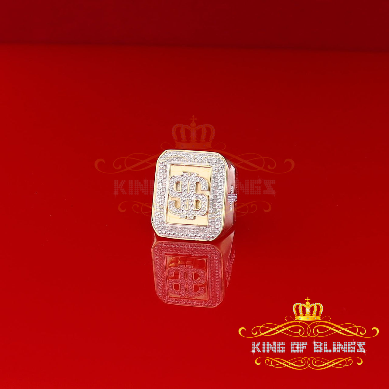King Of Bling's Real 0.33 CT Diamond Men's 925 Silver Yellow Adjustable Ring From Size 10 to 12