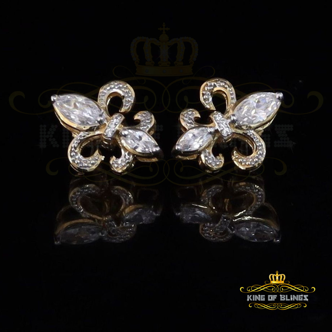 King of Bling's 925 Yellow Silver Ladies Fleur de Lis Screw Back 2.43ct Cubic Zirconia Earrings KING OF BLINGS