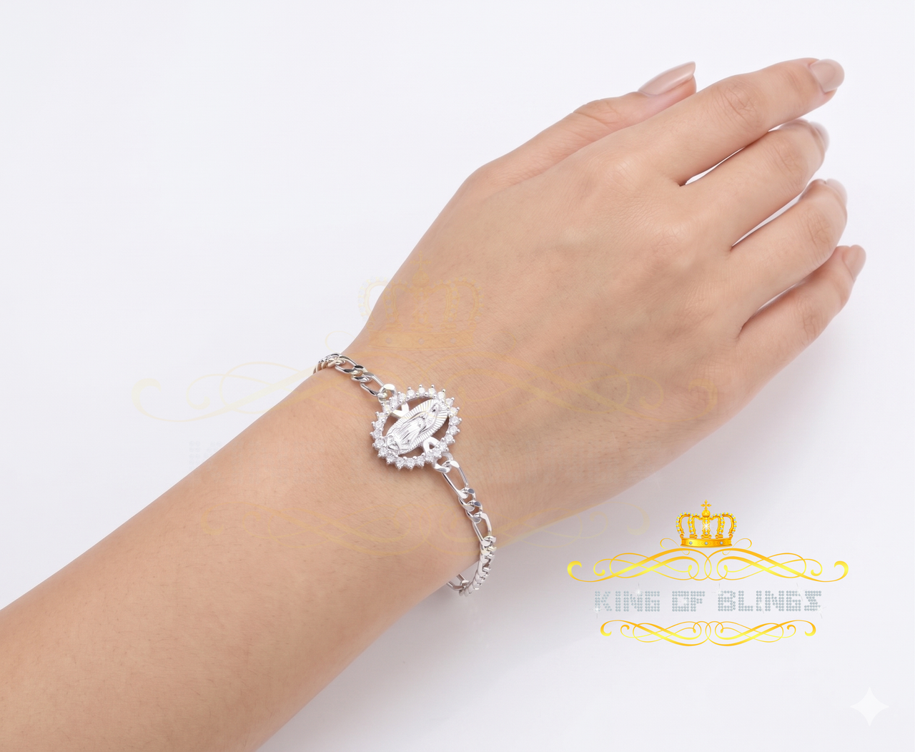 King Of Bling's Virgin Merry CZ 925 Sterling Silver White Oval Shape Women's Religious Bracelet KING OF BLINGS