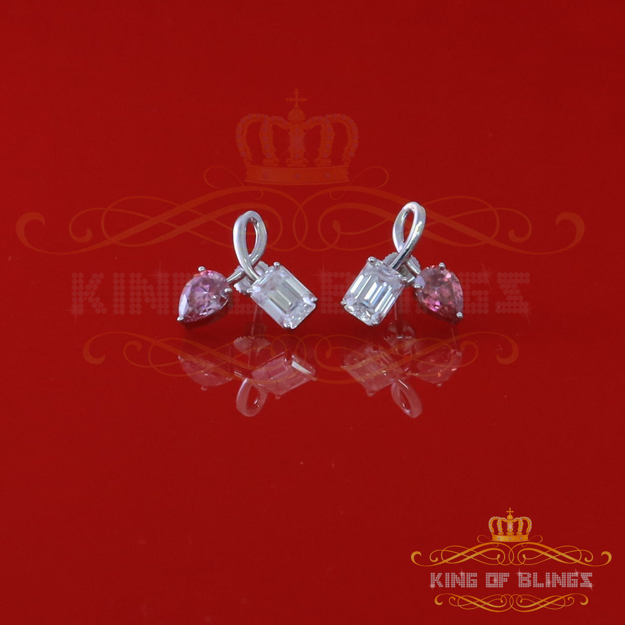 King of Bling's Women's 925 Silver White 3.50ct VVS 'D' Pink Moissanite Toi et Moi Stud Earrings