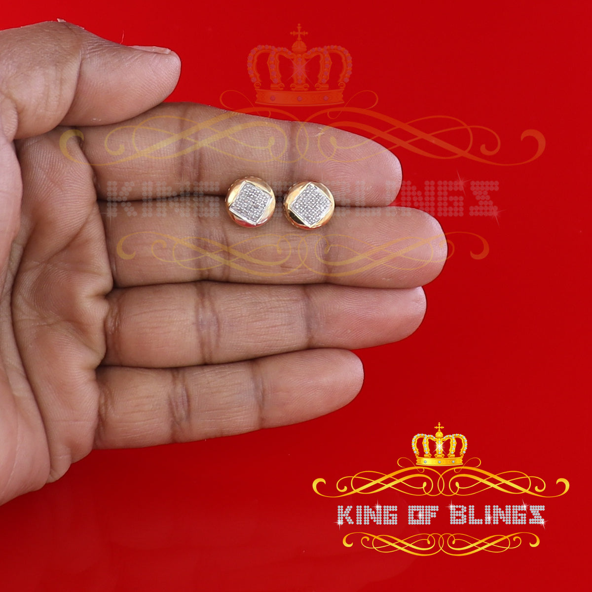 King of Blings-0.15ct Real Diamond 925 Sterling Silver Yellow For Women's & Men's Round Earring KING OF BLINGS
