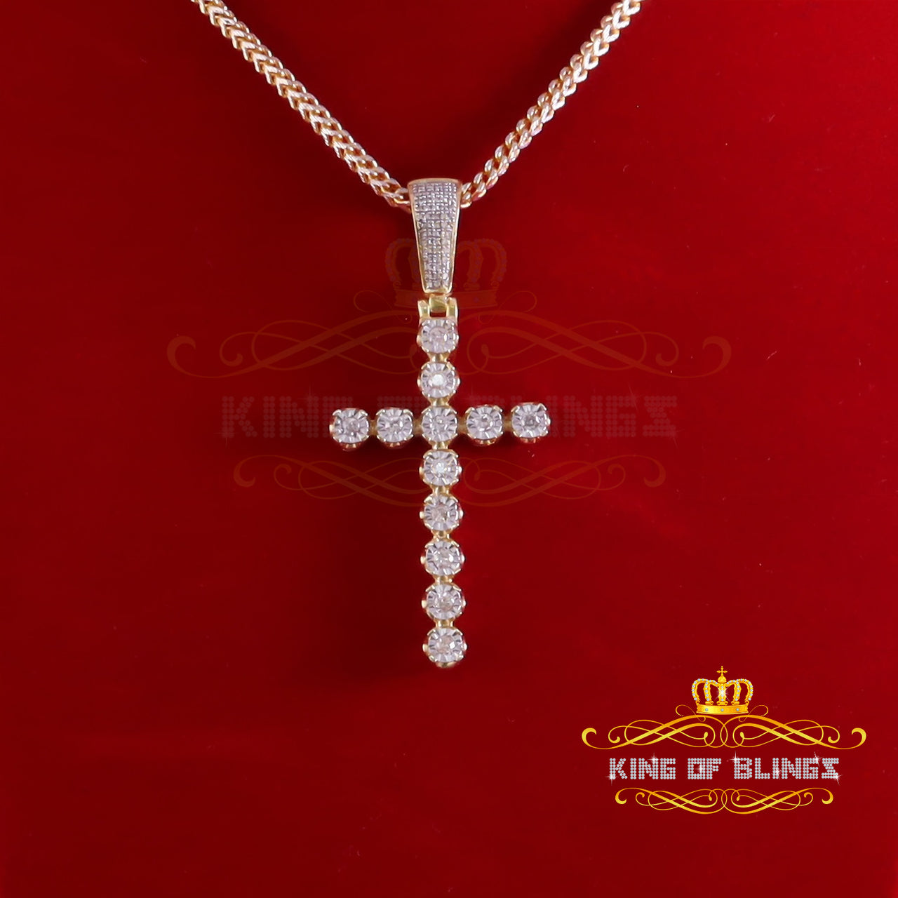 King Of Bling's 925 Sterling Silver Real Diamond Cross Crystal Yellow Necklace Pendant 0.40CT