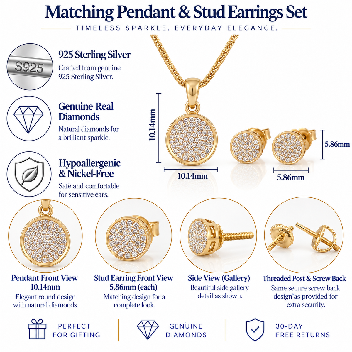 King of Bling's 925 Yellow Sterling Silver 0.20 CTW Genuine Diamond Round Pendant & Earrings Set King of Blings