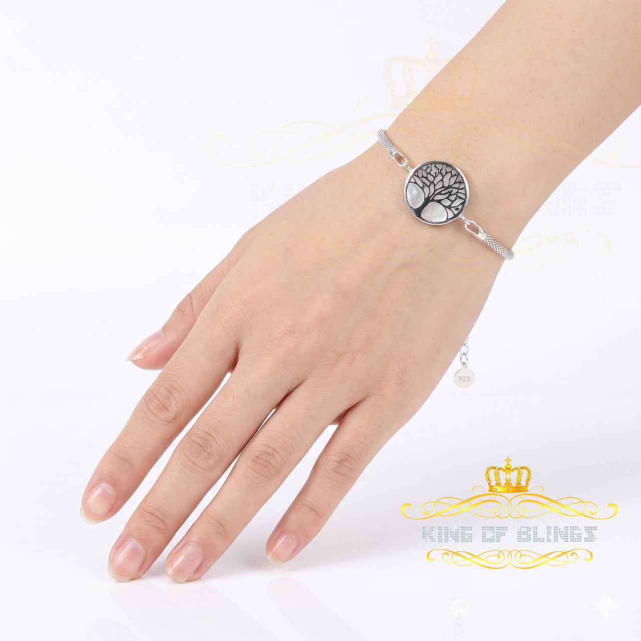KING OF BLINGS White 925 Sterling Silver Women's Mother Of Pearl Tree Of Life Bracelet Size 8