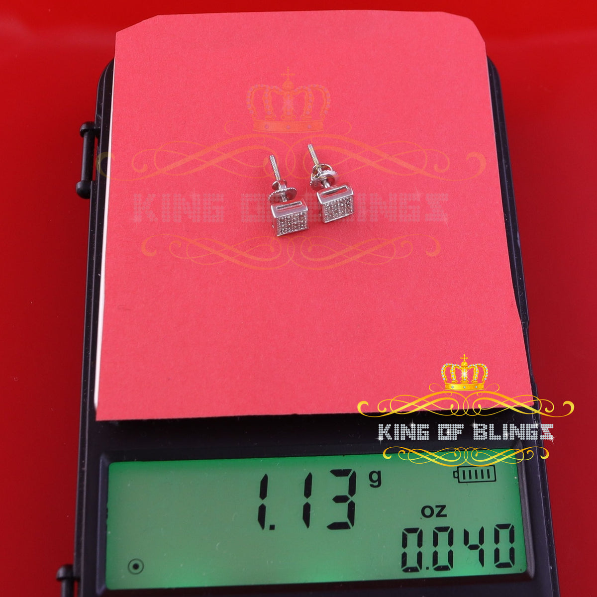 King Of Bling's 0.10ct Micro Pave 925 White Silver Diamond Square Earring For Men's & Women's KING OF BLINGS