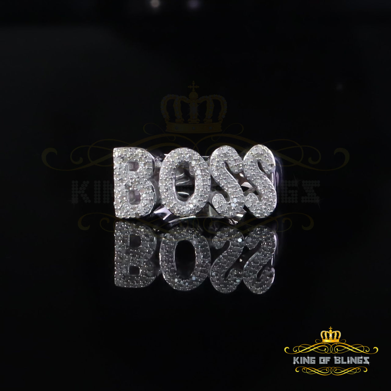 King Of Bling's Stylish "BOSS" 925 Silver White 0.50ct Micro Real Diamond Men's Band Ring SZ 8