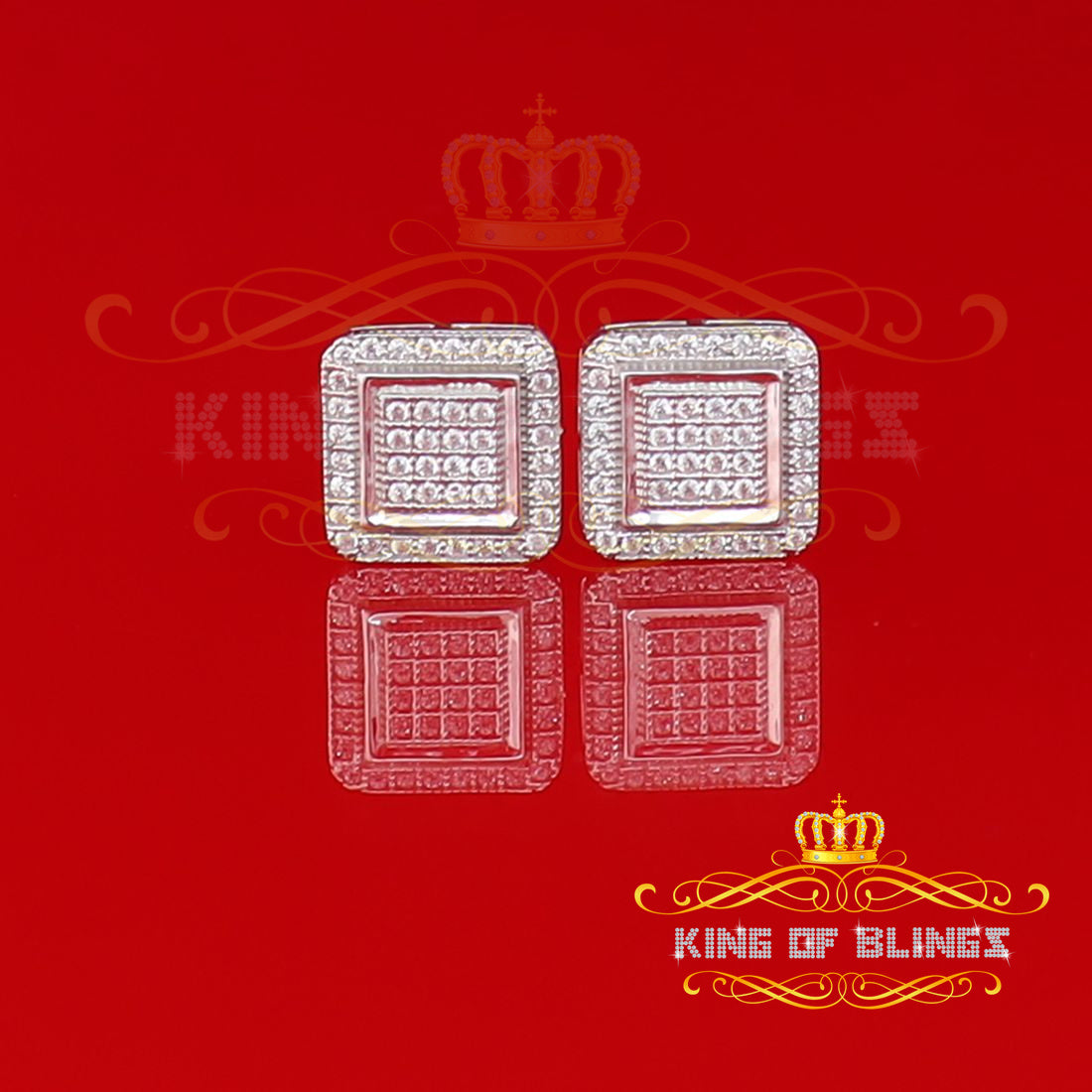 King of Bling's 0.70ct Cubic Zirconia Men & Women White 925 Silver Screw Back Square Earring