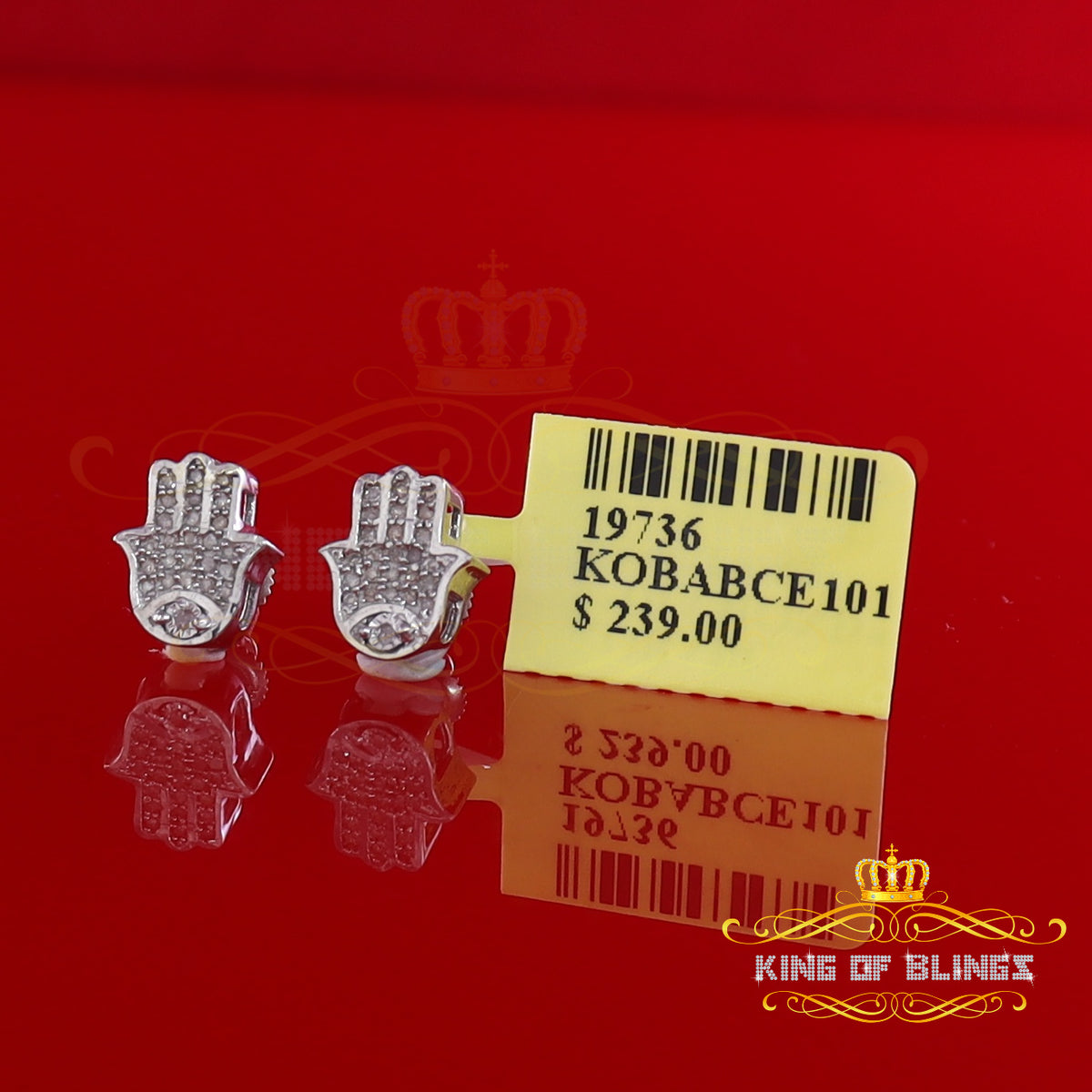 King Of Bling's Stud 925 White Sterling Silver 0.15ct Diamond Women's & Men's Hamsha Earrings KING OF BLINGS