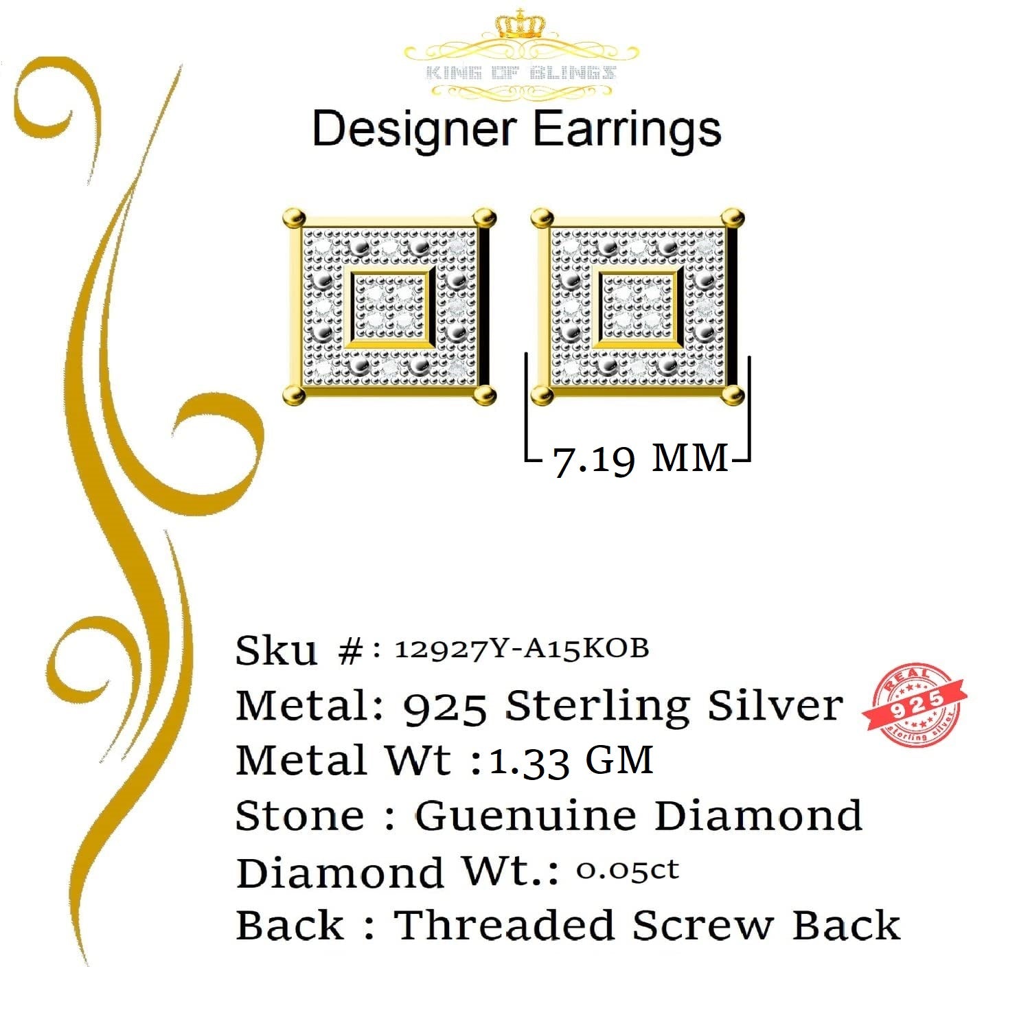 King of Blings-0.05ct Diamond 925 Sterling Silver Yellow Stud Women's & Men's Square Earrings KING OF BLINGS