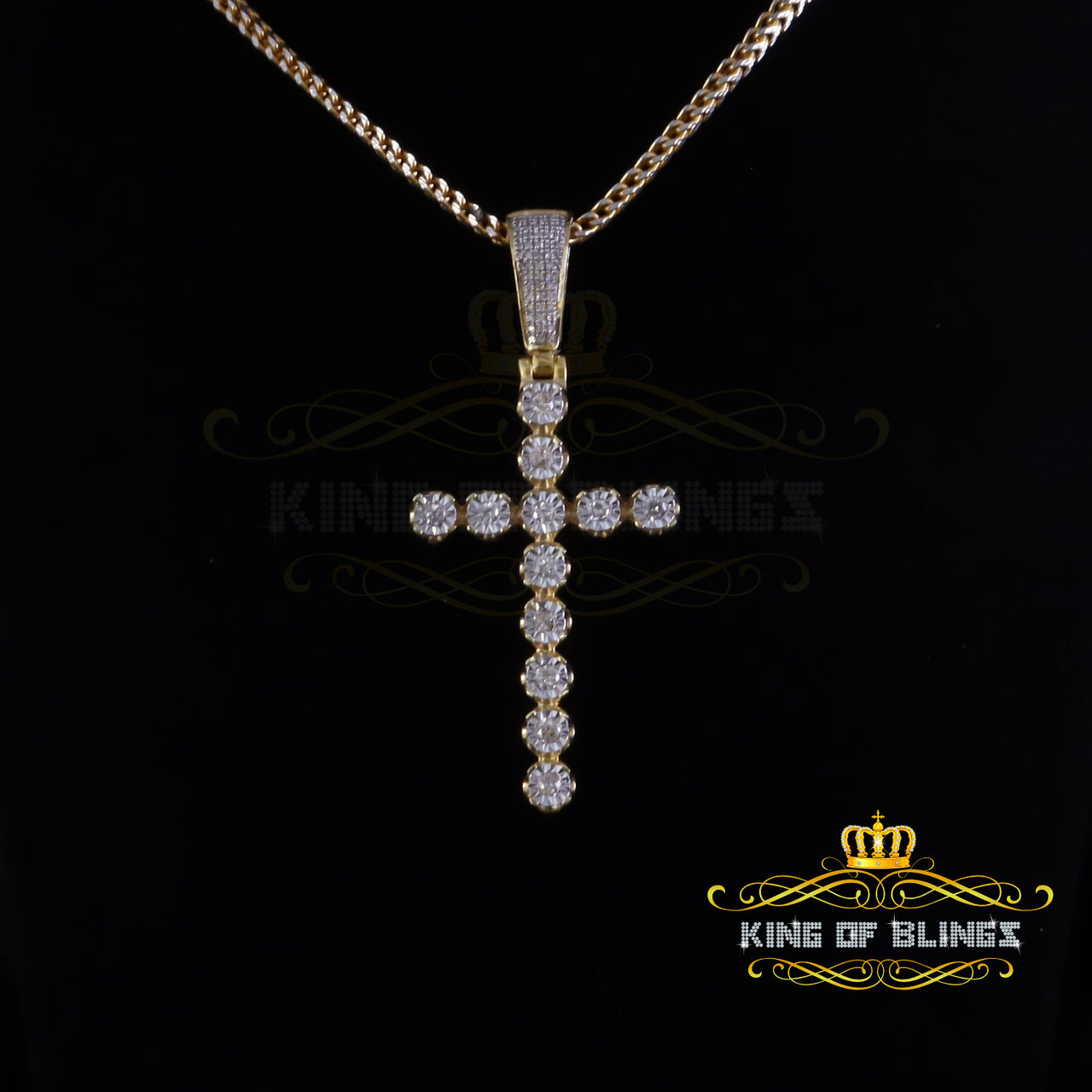 King Of Bling's 925 Sterling Silver Real Diamond Cross Crystal Yellow Necklace Pendant 0.40CT