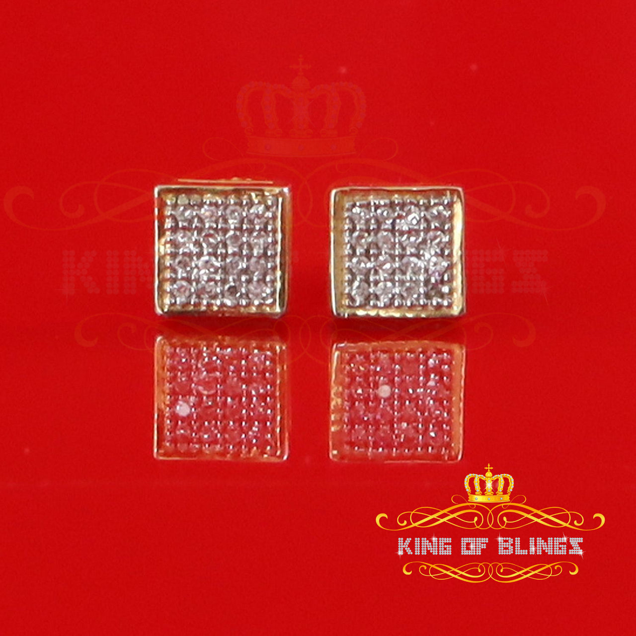 King Of Bling's Real 10K Yellow Gold Square with 0.10CT Real Diamonds Men's /Womens Stud Earring