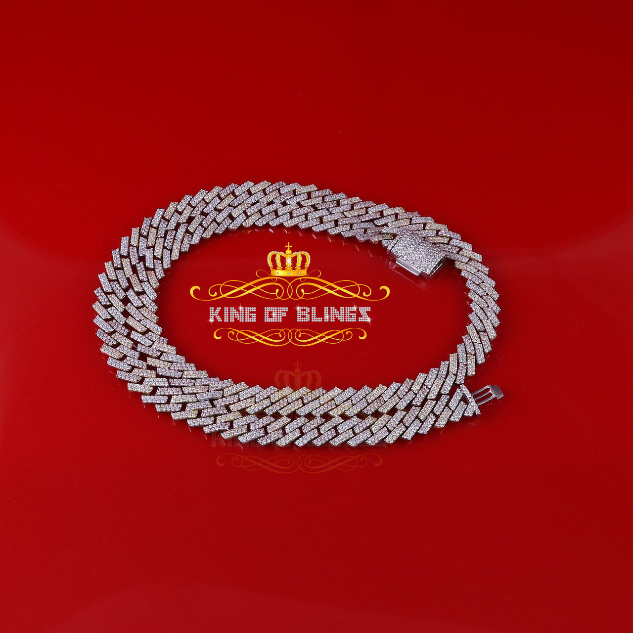 King Of Bling's 925 Silver Moissanite White Yellow Men's Cuban Necklace SZ 22inch & 10mm Width