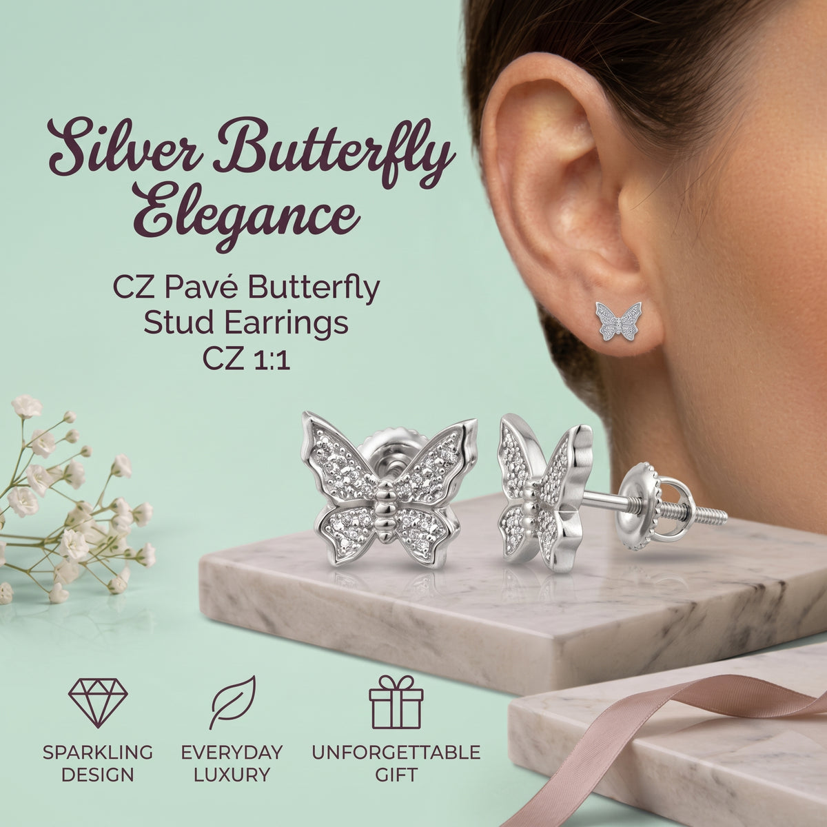 King of Bling's Women's 0.17ct Cubic Zirconia Butterfly Stud Earrings White 925 Sterling Silver KING OF BLINGS