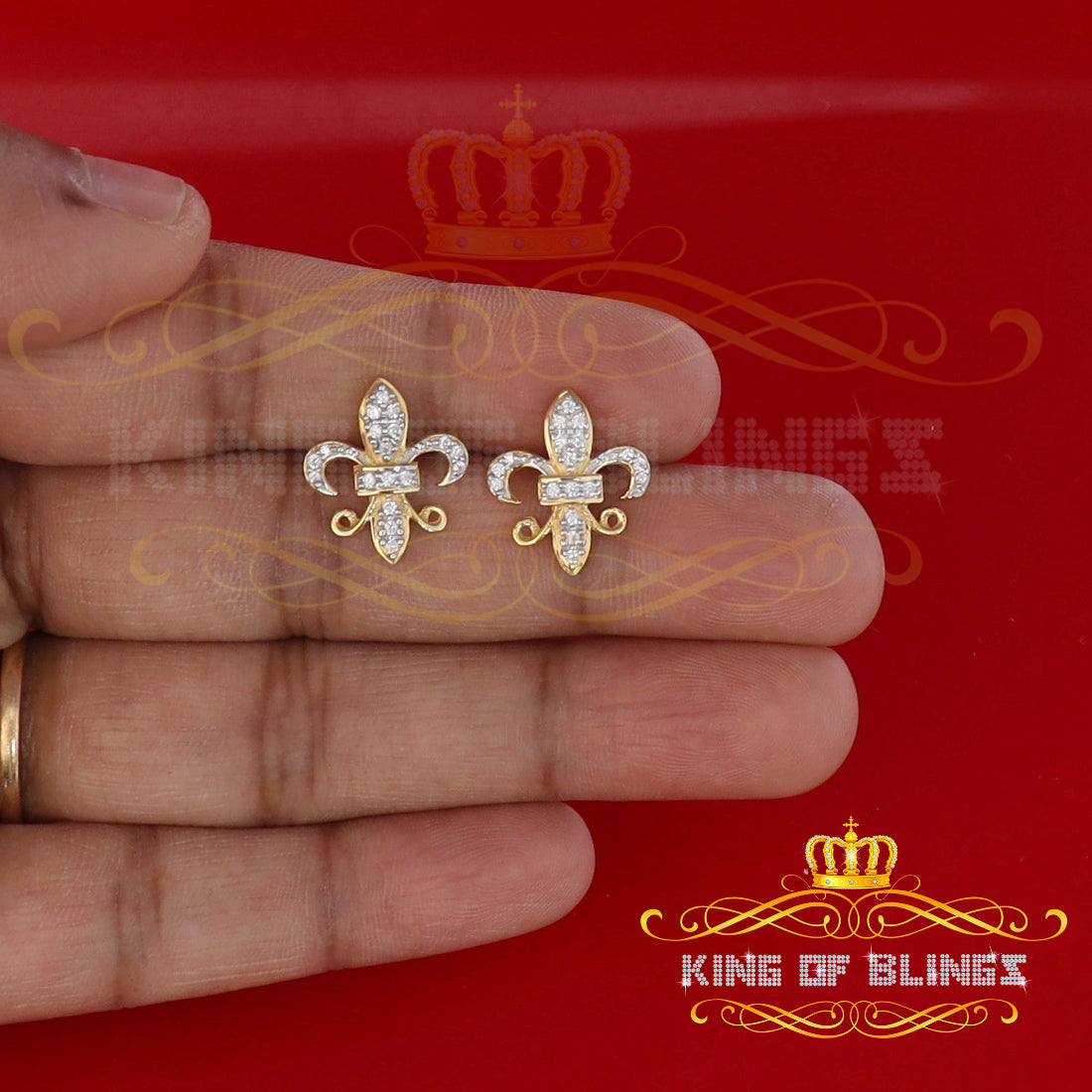 King of Bling's 925 Yellow Silver Women's Fleur de Lis Screw Back 0.36ct Cubic Zirconia Earrings KING OF BLINGS