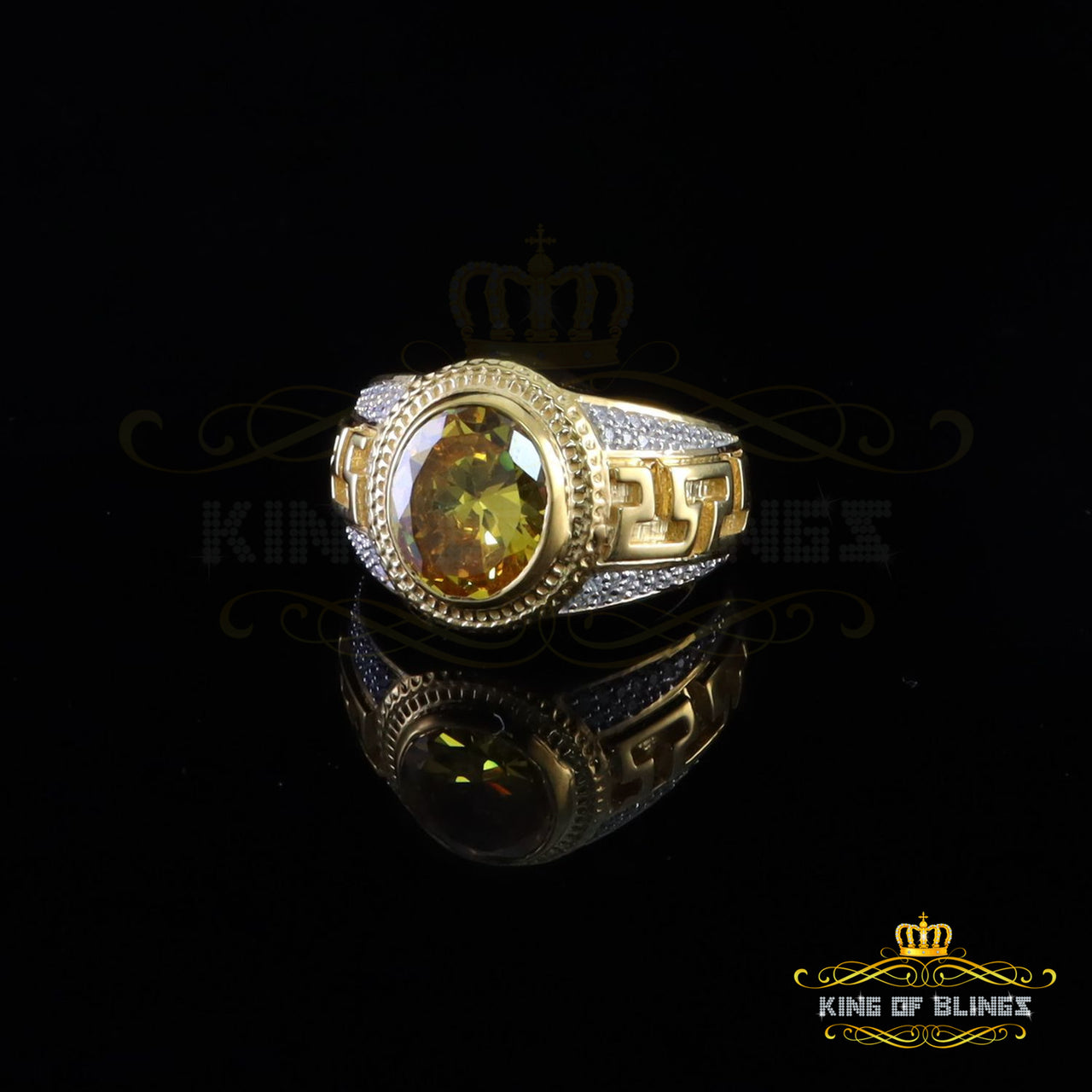 King Of Bling's 8.10ct Yellow Silver Oval Cubic Zirconia Men's Adjustable Ring From SZ 9 to 10