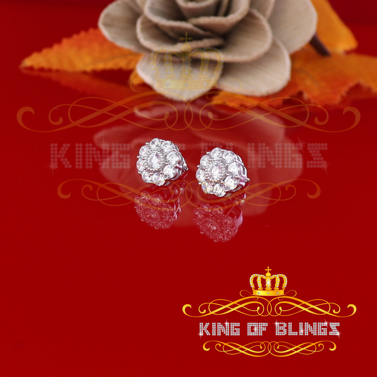 King of Blings- 925 White Sterling Silver 2.88ct Cubic Zirconia Women's Hip Hop Floral Earrings KING OF BLINGS