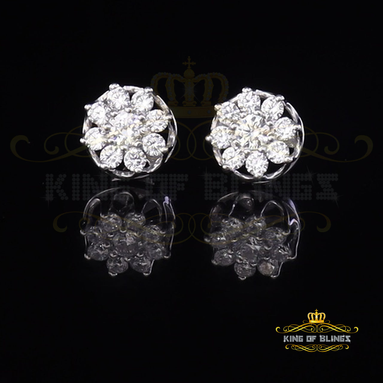 King of Blings- 1.94ct Cubic Zirconia 925 White Sterling Silver Women's Hip Hop Flower Earrings KING OF BLINGS