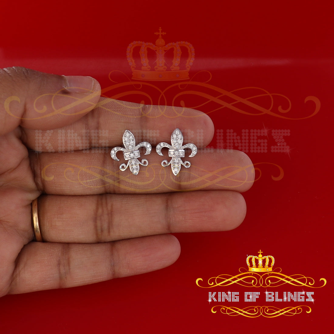 King of Blings- 925 White Silver Women's Fleur de Lis Screw Back 0.36ct Cubic Zirconia Earrings KING OF BLINGS