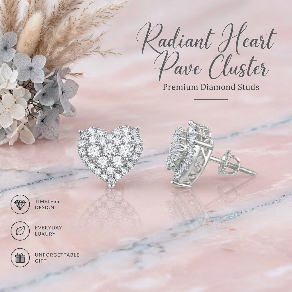 King of Bling's Aretes Para Hombre 925 White Silver 1.64ct Cubic Zirconia Heart Women's Earrings KING OF BLINGS