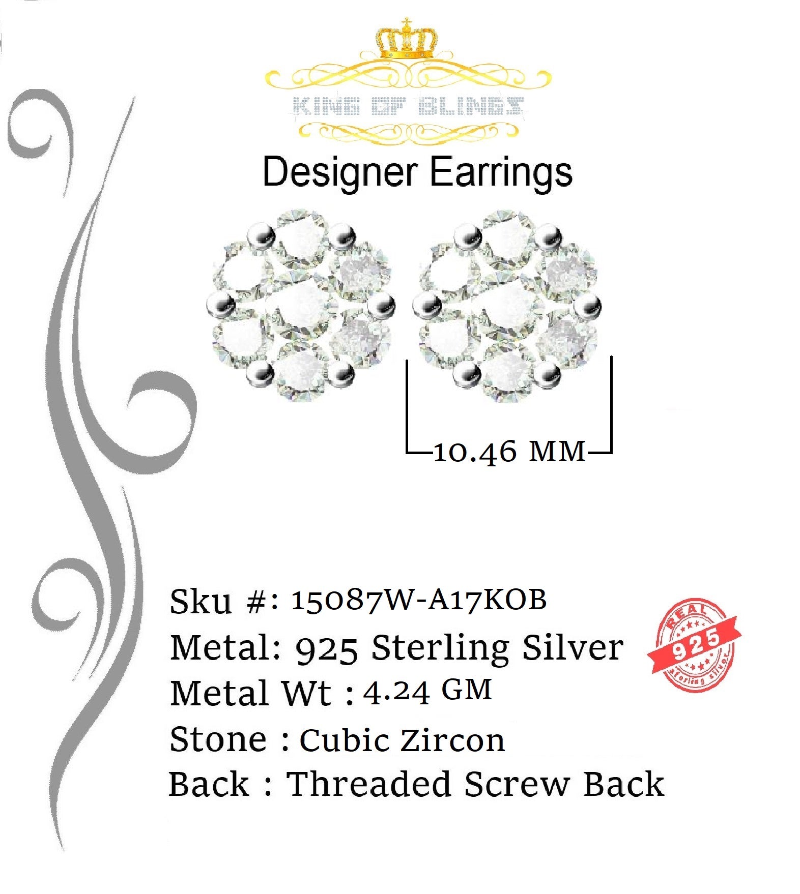 King of Blings- 925 White Sterling Silver 0.96ct Cubic Zirconia Women's Hip Hop Floral Earrings KING OF BLINGS