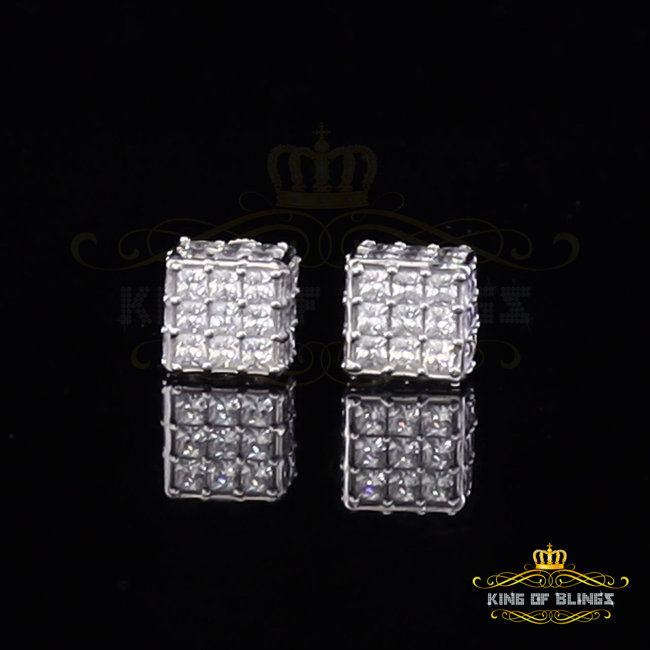 King of Blings- Hip Hop 925 White Silver 5.94ct Cubic Zirconia Women's & Men's Square Earrings
