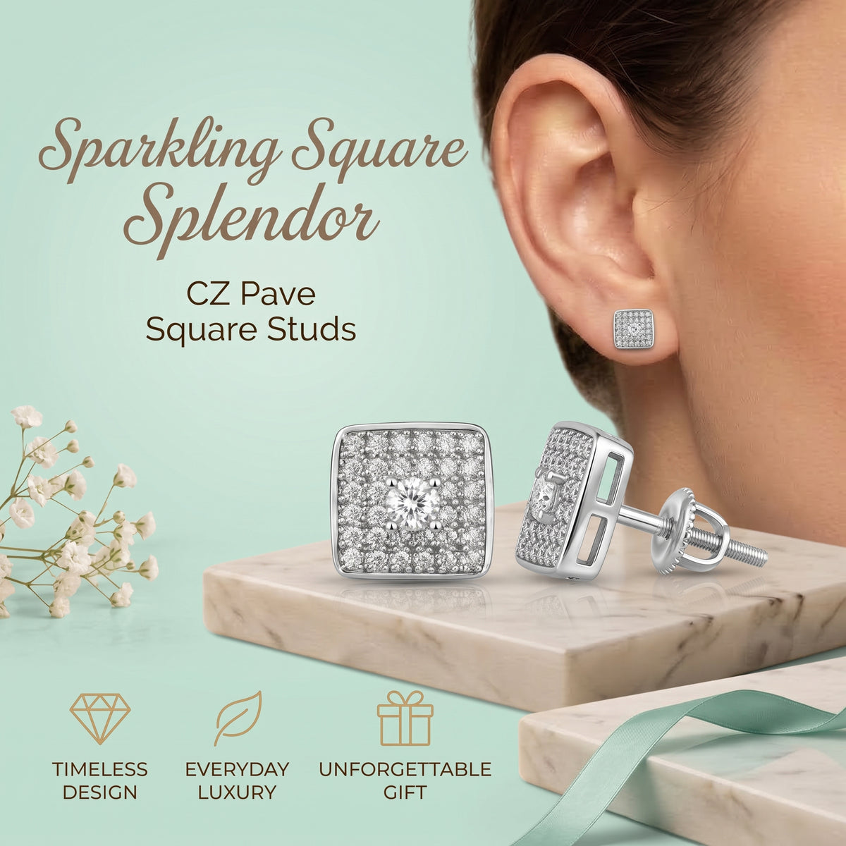 King of Bling's White 925 Silver 0.81ct Cubic Zirconia Women's & Men's Hip Hop Square Earrings KING OF BLINGS