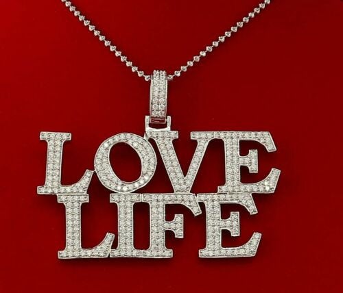 Create your Custom Design like LOVE LIFE in White 2.50 inch  925 Sterling Charming Pendant with  Cubic Zirconia Custom KING OF BLINGS