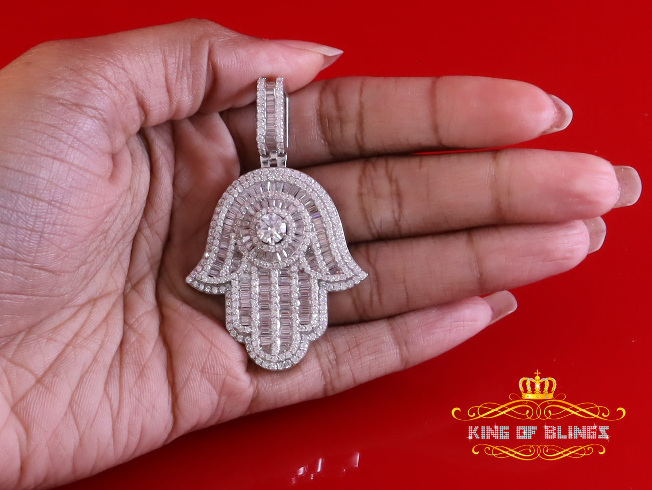 King Of Bling's Pendant 8.0ct VVS D Moissanite White Sterling Silver Charm Hamsa Men's & Women's KING OF BLINGS