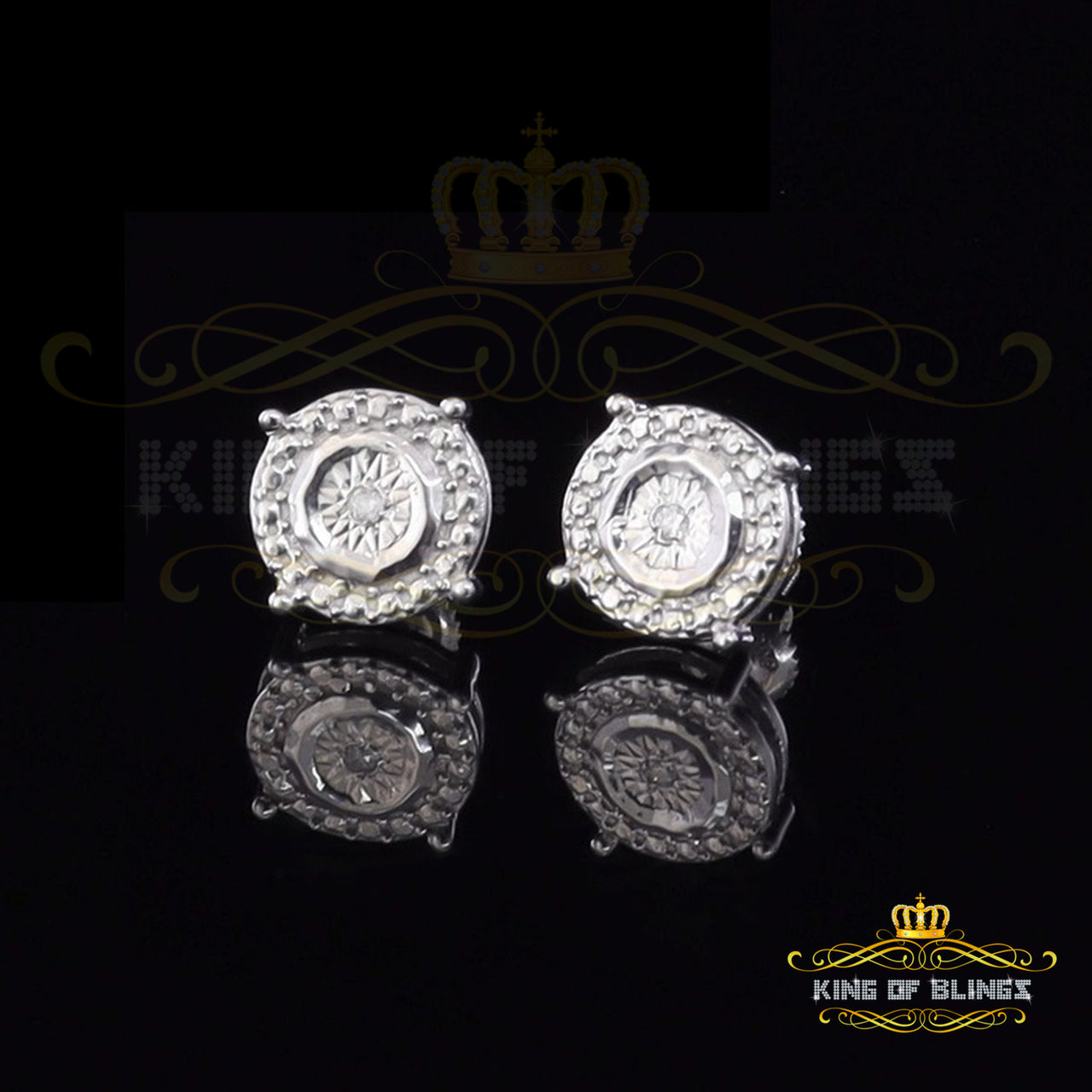 King Of Bling's 0.01ct Diamond 925 Sterling Silver White For Men's & Women's Stud Round Earring