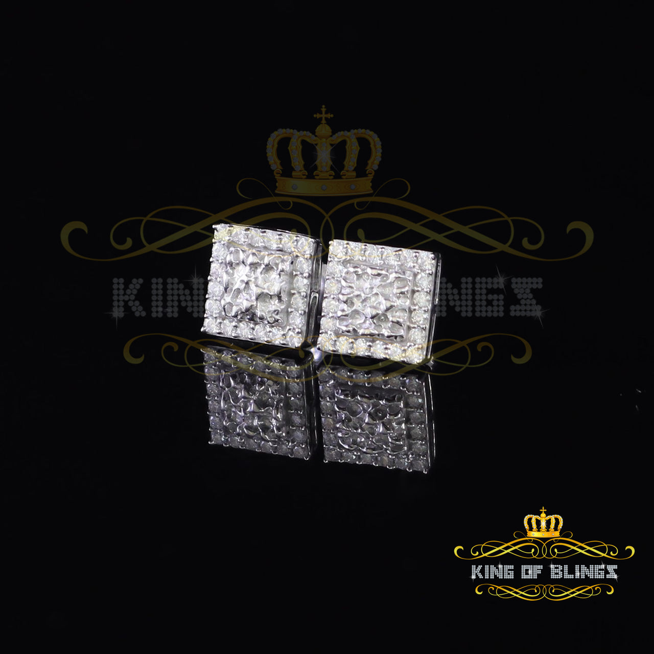 King of Bling's 1.00ct Moissanite White 925 Sterling Silver Women's Square Shape Nugget Earrings