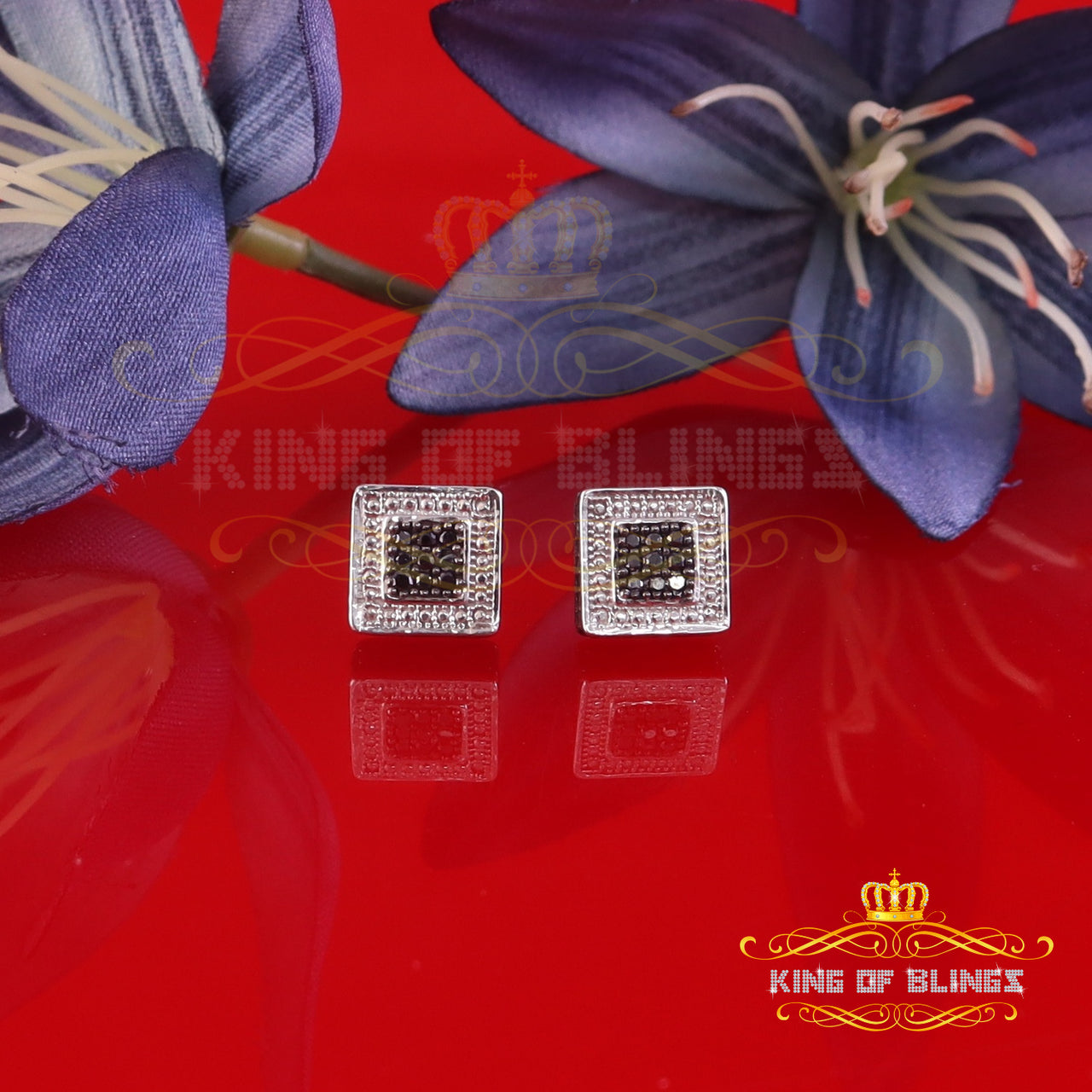 King Of Bling's 3D Square Earring 925 Sterling White Silver 0.25ct Round Genuine Black Diamond