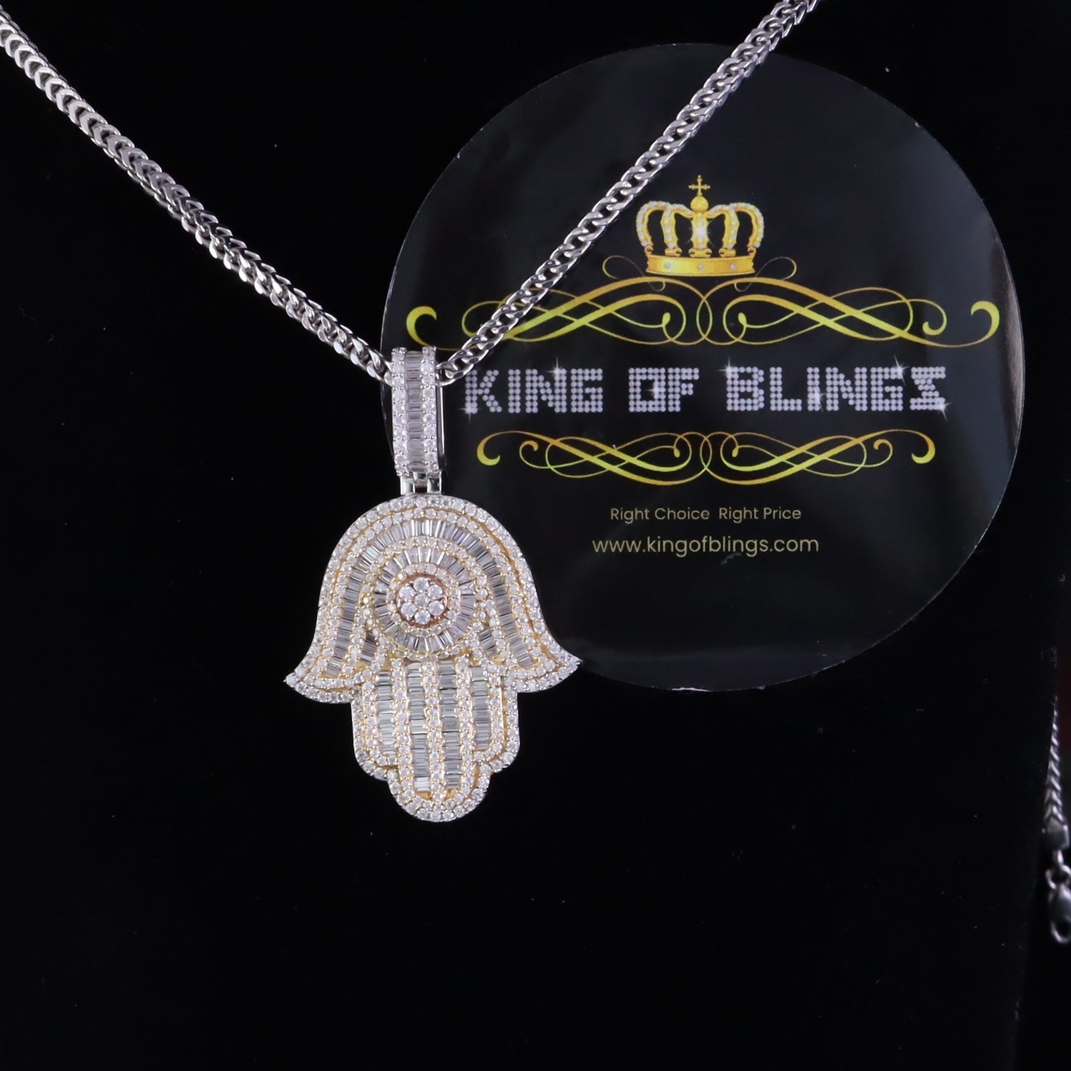 King Of Bling's White Sterling Silver Charm Hamsa Pendant 8.0ct VVS D Moissanite Men's & Women's KING OF BLINGS